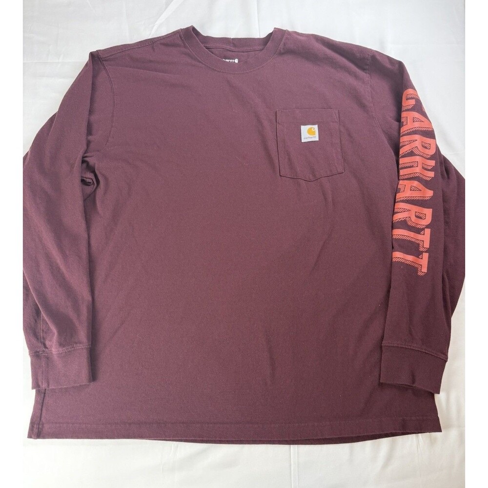 Carhartt Long Sleeve Pocket T-Shirt XL Loose Fit Maroon Sleeve Logo Graphic